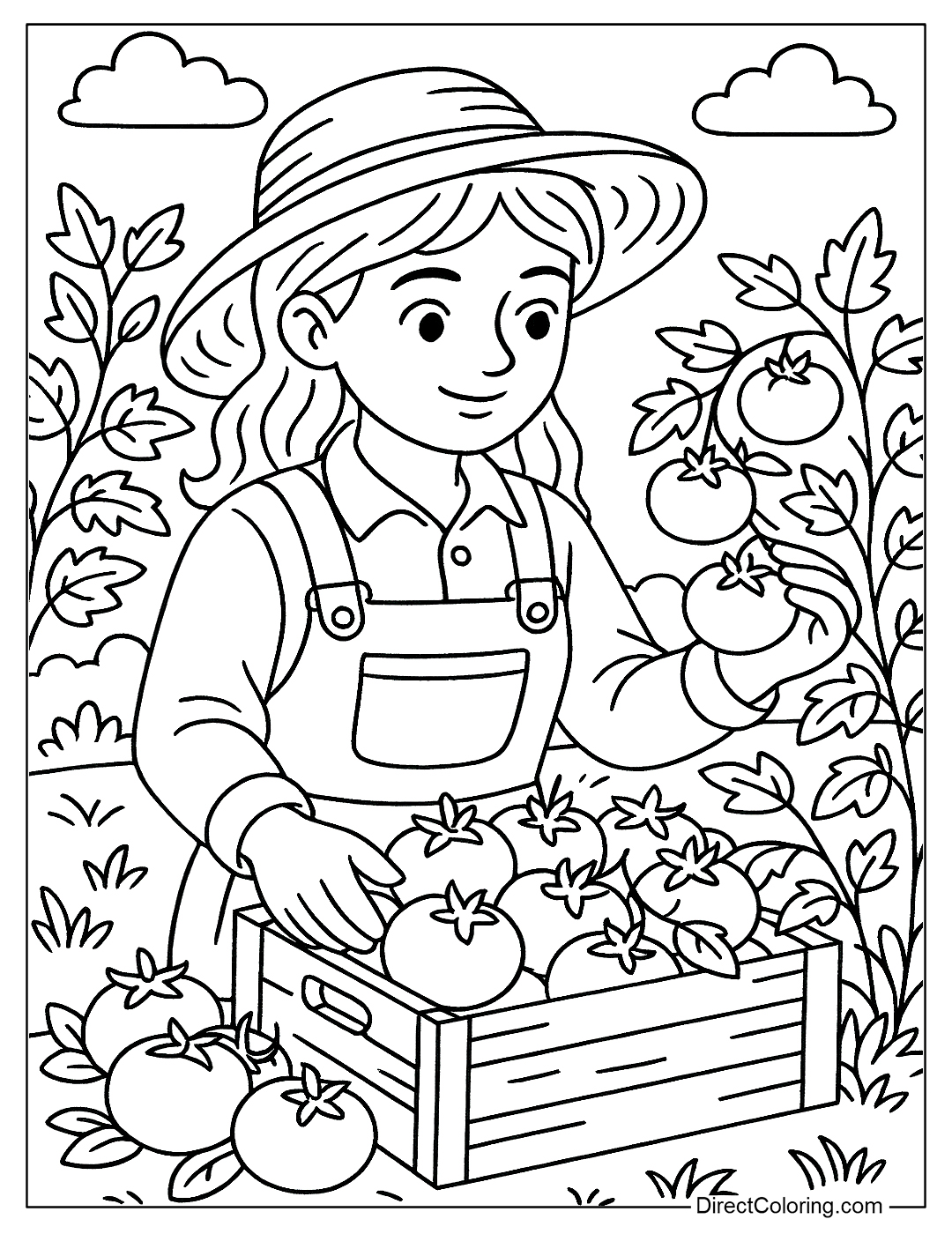 Farmer Girl Harvesting Tomatoes Coloring Page